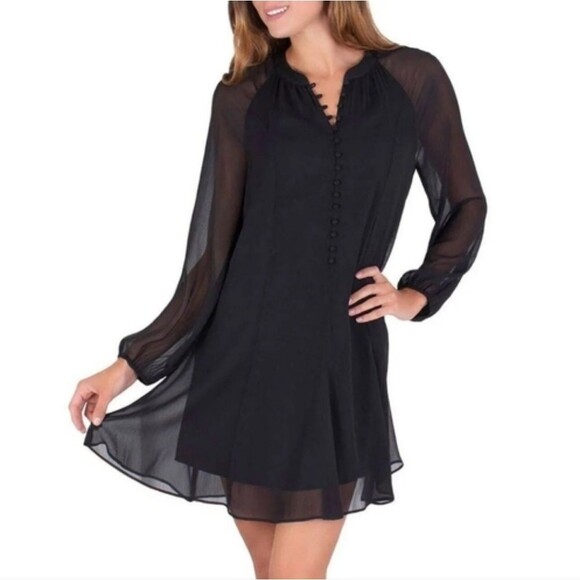Joie Plus Size Black Long Sleeve Button-Up Caviar Semi-Sheer Mini Dress XXL - Picture 1 of 12